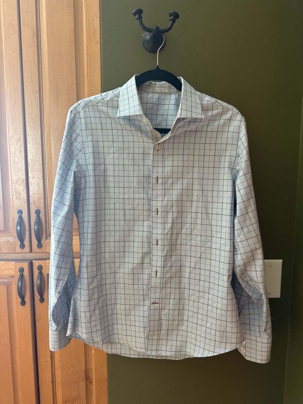 J.Hilburn Blue and Brown Windowpane Check Custom Dress Shirt with Contrast Cuffs